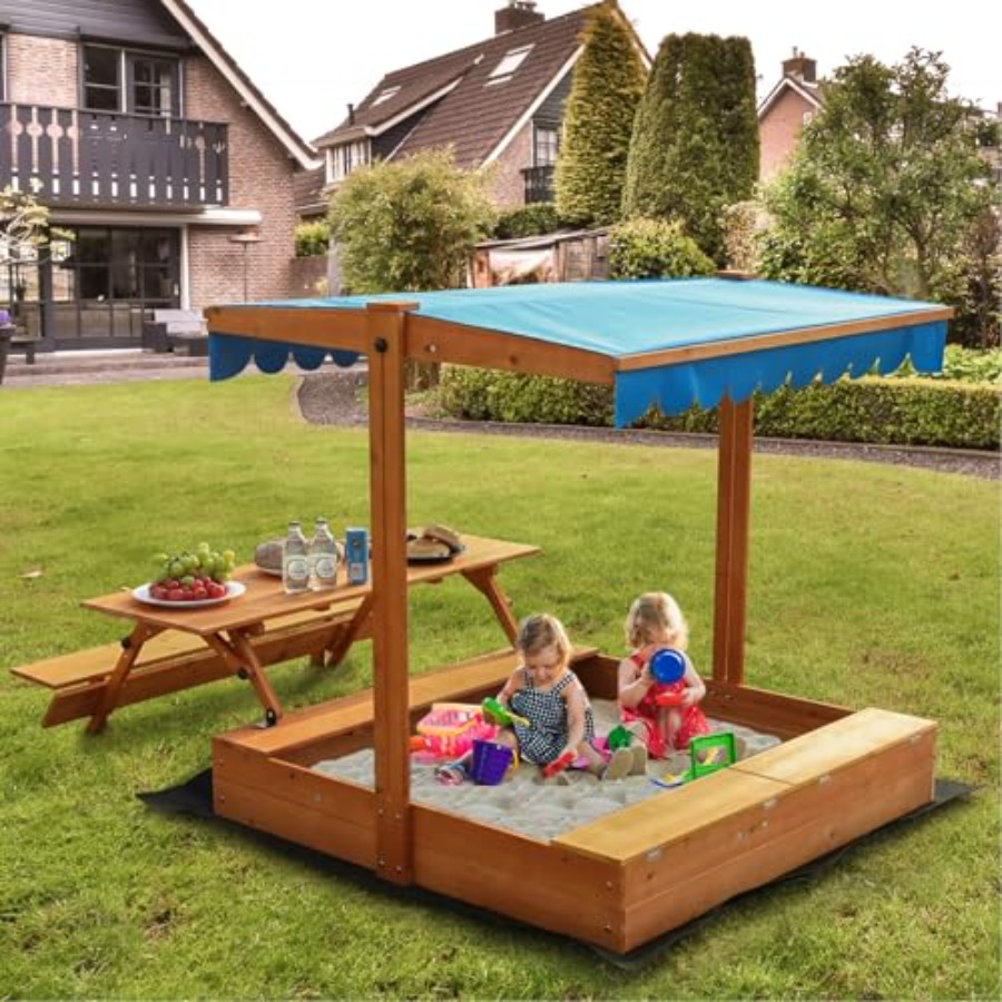 Kids Outdoor Bench Table - Backyard outdoor kids wooden sandbox with
