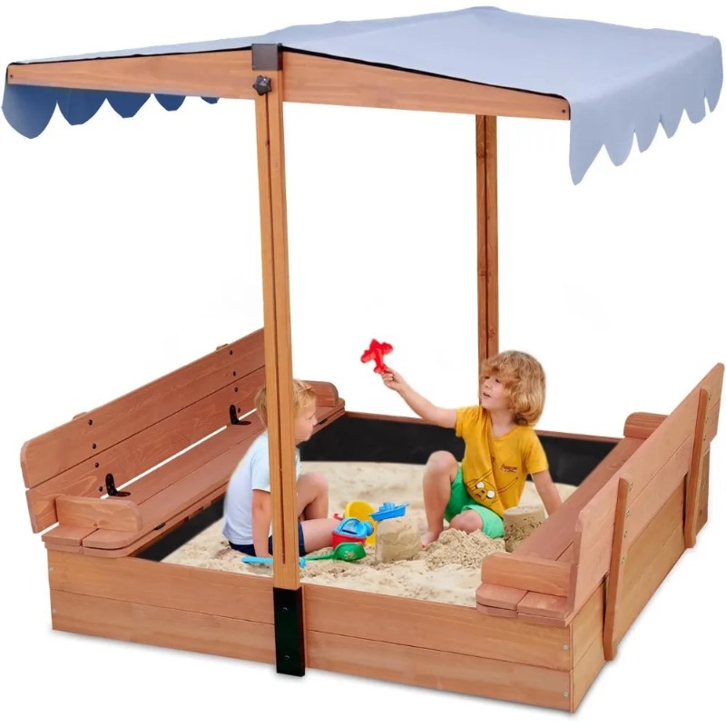 Kids Outdoor Bench - Wooden Kids Sandbox with Canopy Cover