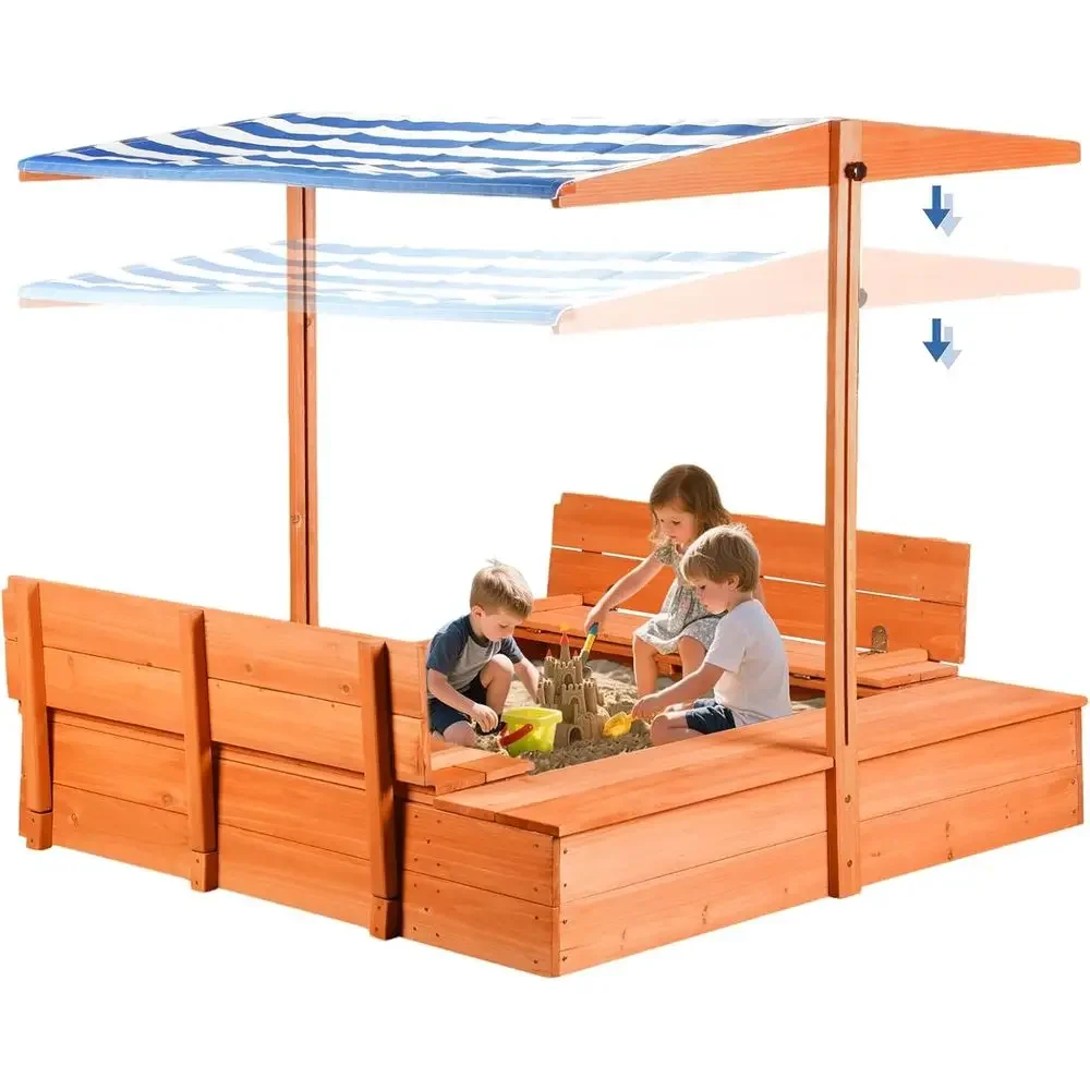 Kids Outdoor Bench Table - Kids Wooden Outdoor Sandbox with Cover，Sand