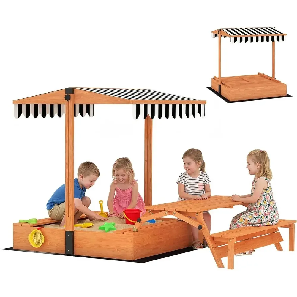 Qaba Kids Sandbox with Lid, Wo - Kids Outdoor Bench Table ulasan dan harga