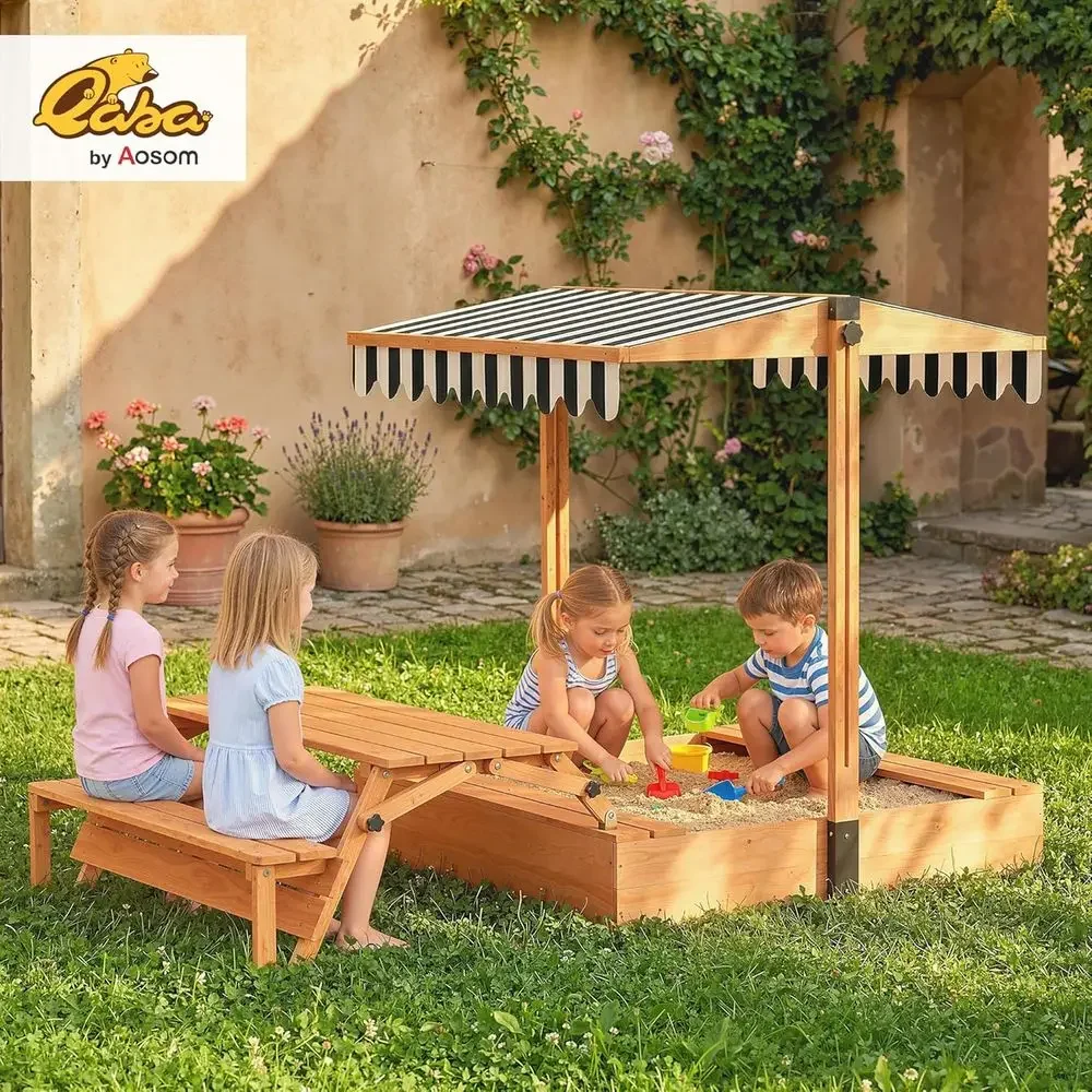 Qaba Kids Sandbox with Lid, Wo - Kids Outdoor Bench Table ulasan dan harga