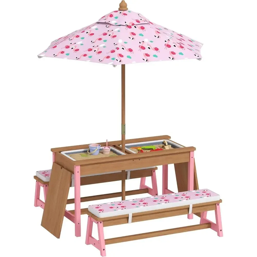 Wooden Picnic Table Set with U - Kids Outdoor Umbrella For Table ulasan dan harga